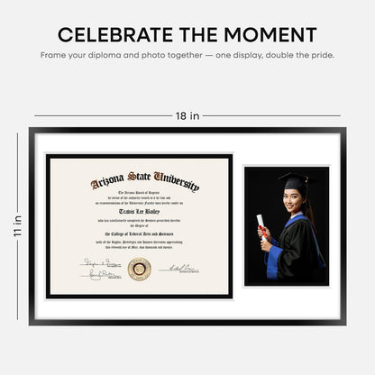 Homeforia 11x18 Black Diploma Frame with Photo, High End Metal 11 x 18 Certificate Frame with Mat for 8.5x11 Diploma and 5x7 Picture, 11by18 Award Graduation Frames, Tempered Glass, Wall Kit, Set of 1