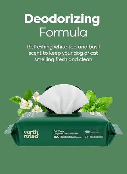 Earth Rated Pet Wipes for Dogs and Cats, Hypoallergenic, 3-in-1 Cleaning