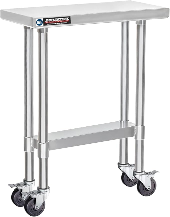 DuraSteel 30x12 NSF Stainless Steel Cart Work Table - Heavy Duty Rolling Food Prep Table - Metal Utility Cart on Wheels Caster, Grill Stand Microwave Outdoor Kitchen Tables Countertop Island Top Vevor