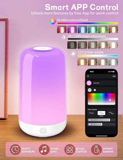 Smart Touch Bedside Table Lamp [Multi-Color & Warm Lights], 3600mA Cordless Small Table Lamp Rechargeable, 7 Colors & Fully Dimmable LED Night Lights for Bedroom Nightstand Nursery Living Room