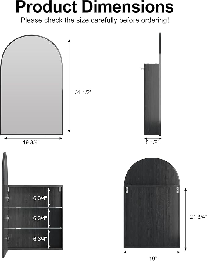 Arched Medicine Cabinet Mirror for Bathroom, Brushed Black Arch Mirror Cabinet