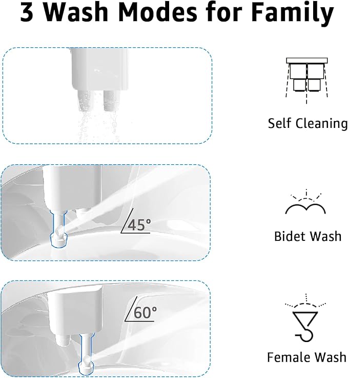 Bidet Toilet Attachment, Toilet Bidet Cold Water No-Electric, 3 Wash Modes