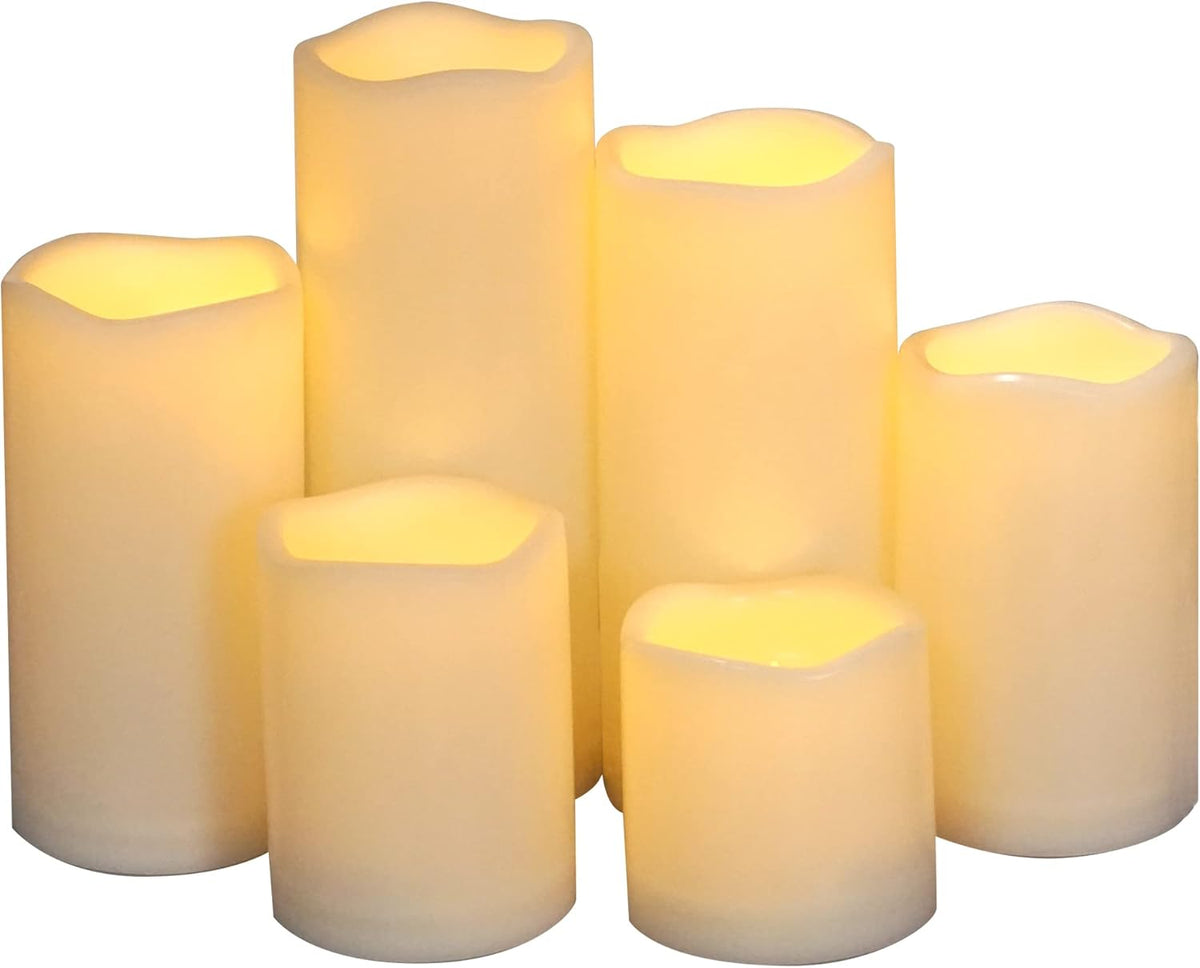 CANDLE CHOICE Waterproof Outdoor Battery Operated Flameless Pillar Candles with Timer White Plastic Realistic Flickering Electric LED Lights for Lantern Garden Wedding Christmas Decorations 6 Pack