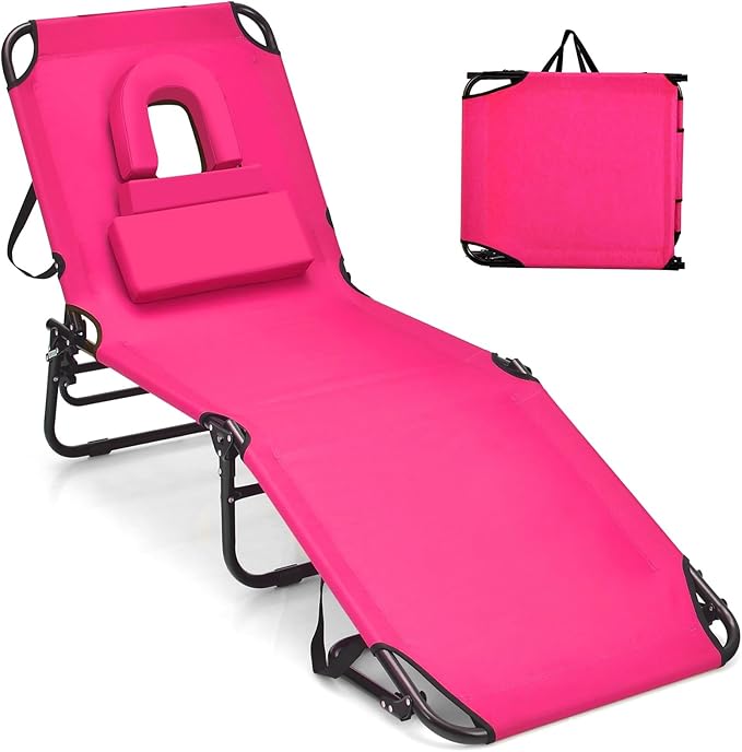 GYMAX Tanning Chair, 350lbs Beach Lounge Chair with Face Hole, Washable Pillow & Carry Strap, Adjustable Folding Chaise Lounge, Layout Chair for Outside, Patio, Poolside, Lawn (1, Pink)