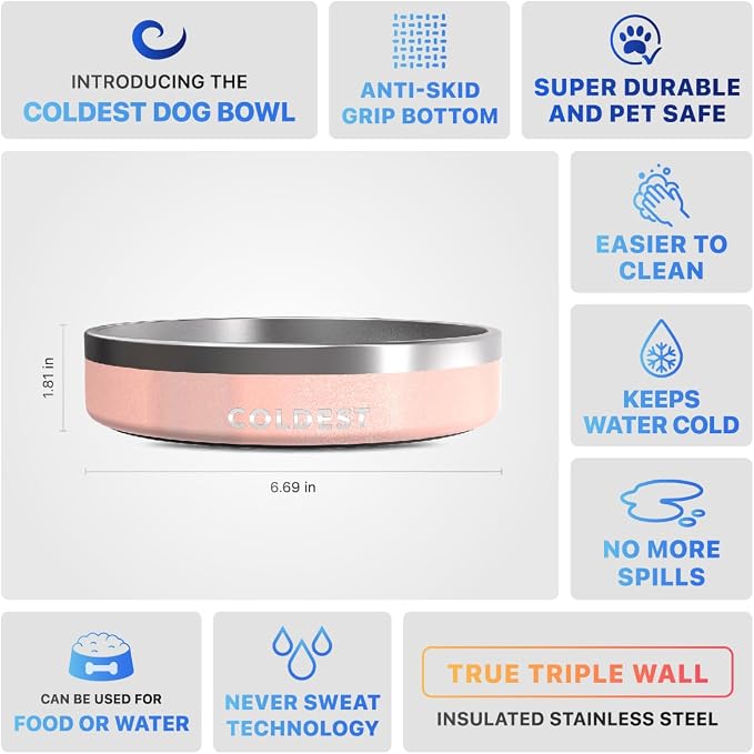 Coldest Dog Bowl - Anti Rust Metal, Non Slip, 3 Layers Insulated Stainless Steel Dog Bowls - Spill Proof & Heavy Duty - Water Bowl for Dogs, Cats & Pets, Dish Washer Safe (21 oz, Forever Pink Glitter)