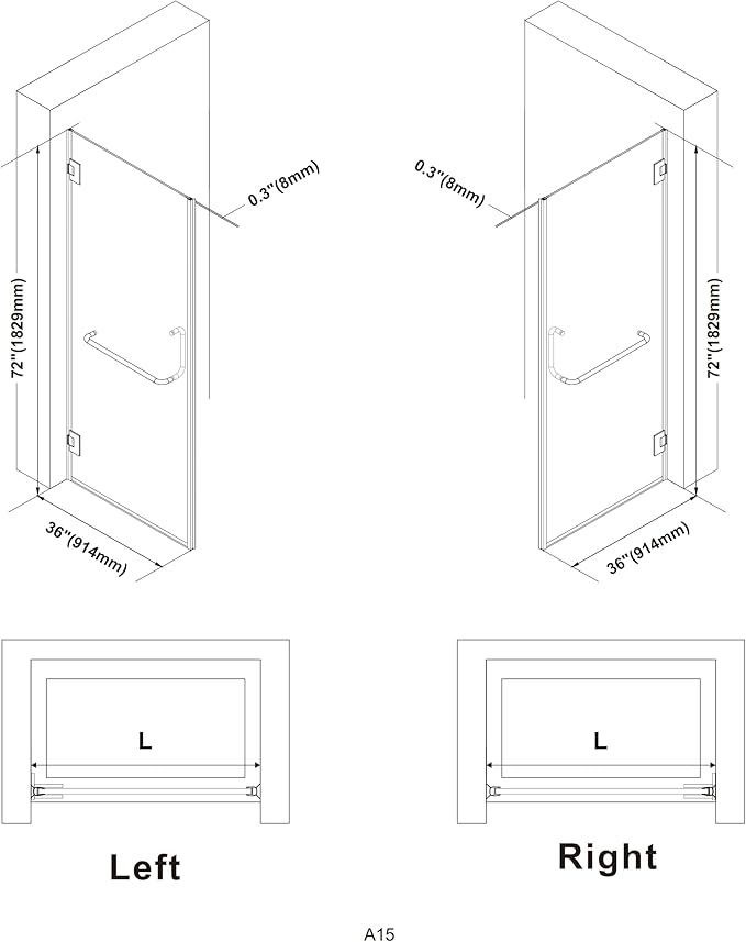 Bathroom Frameless Shower Door 36" W*72" H, 5/16" Clear Tempered Glass Hinged
