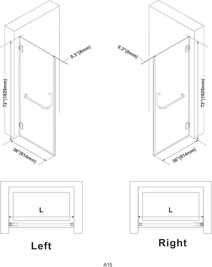 Bathroom Frameless Shower Door 36" W*72" H, 5/16" Clear Tempered Glass Hinged