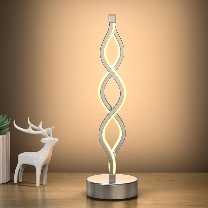 NUÜR Infinity Spiral LED Table Lamp Silver, Dimmable Metallic Bedside Lamp