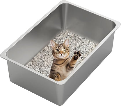 Kirecoo Stainless Steel Cat Litter Box XXL- Metal High Sided Cat Pan, Large Stainless Steel Box, Indoor Litter Tray, Non Stick, No Smell, Easy to Clean, Pet Toilet Supplies for Kitten, Kitty, Rabbit
