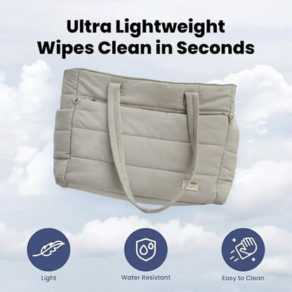 Puffer Dog Travel Bag for Dog Moms, Diaper Bag with Travel Bowls | 2 BPA-Free Collapsible Bowls, 2 Pet Food Containers, 9 Pockets, Everyday Puffer Bag Works With or Without Your Dog, Khaki