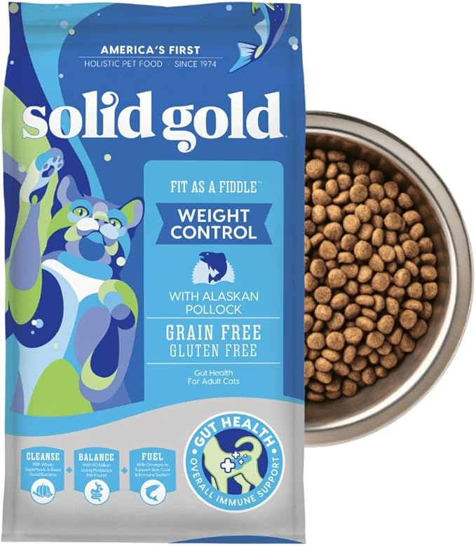 Solid Gold Weight Management Cat Food for Adults - Grain Free & Gluten Free Dry Cat Food Indoor & Outdoor Recipe for Healthy Weight w/Alaskan Pollock & Probiotics for Gut Health & Digestion - 3 LB