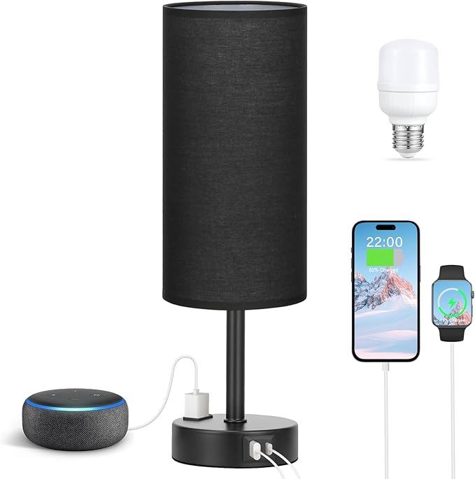 Fenmzee Black Bedroom Lamp for Nightstand - 3 Way Dimmable Bedside Lamp USB C A Charging Ports and AC Outlet, Small Table Lamp Black Base for Living Room, Office Desk, LED Bulb Included