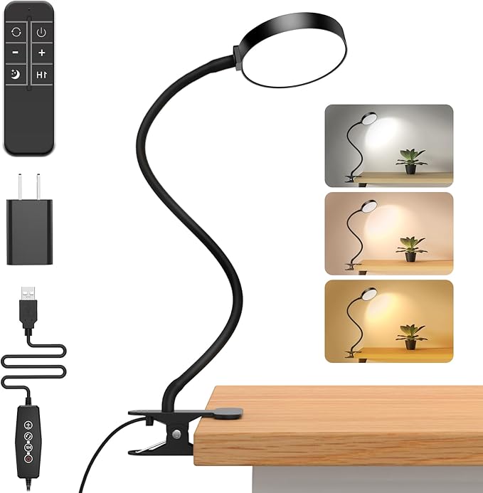 Reading Light with Remote, LED Desk Lamp Clip on [1H Timer & Nightlight] RA>95 Dimmable Flexible Gooseneck, Reading Lamp with Clamp for Table - 3.5'' (Adapter Included)