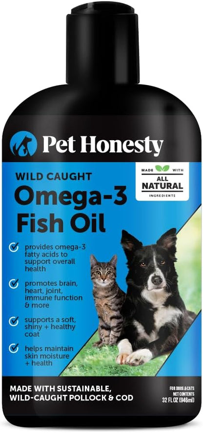 Pet Honesty Omega 3 Fish Oil Supplement for Dogs & Cats (32oz), Wild Caught Omega 3 Fish Oil for Skin and Coat Health, Supports Shedding, Skin & Coat, Immunity, Joint, Brain & Heart, EPA + DHA