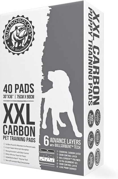 Bulldogology Charcoal XXL Pee Pads for Dogs (30x36) Puppy Pee Pads with Adhesive Sticky Tape - Leak Proof Puppy Pads - Ultra Absorbing Charcoal Dog Pads - Activated Carbon Pee Pads (40-Count)