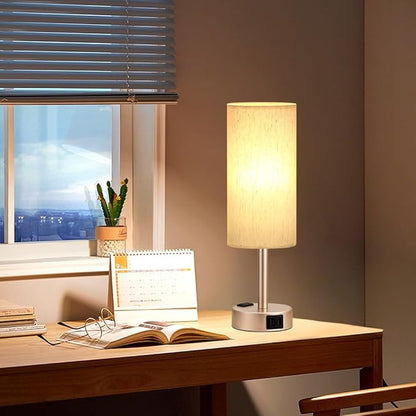 Fenmzee Bedside Table Lamp for Bedroom - 3 Way Dimmable Touch Lamp USB C Charging Ports and AC Outlet, Small Lamp Gold Base Round Flaxen Fabric Shade for Living Room, Desk, LED Bulb Included