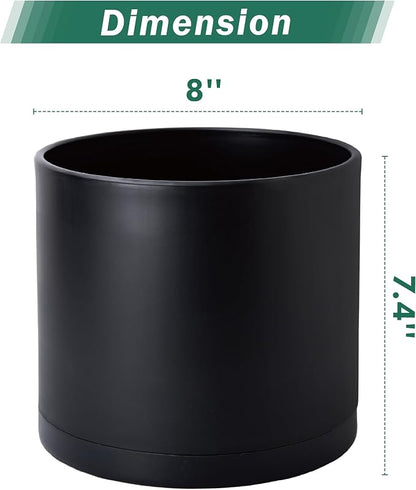 D'vine Dev 2 Pack 8 Inch Modern Plastic Plant Pots, Cylindrical Garden Planters for Plants with Drainage Holes and Saucers, Black, 74-Y-M-1