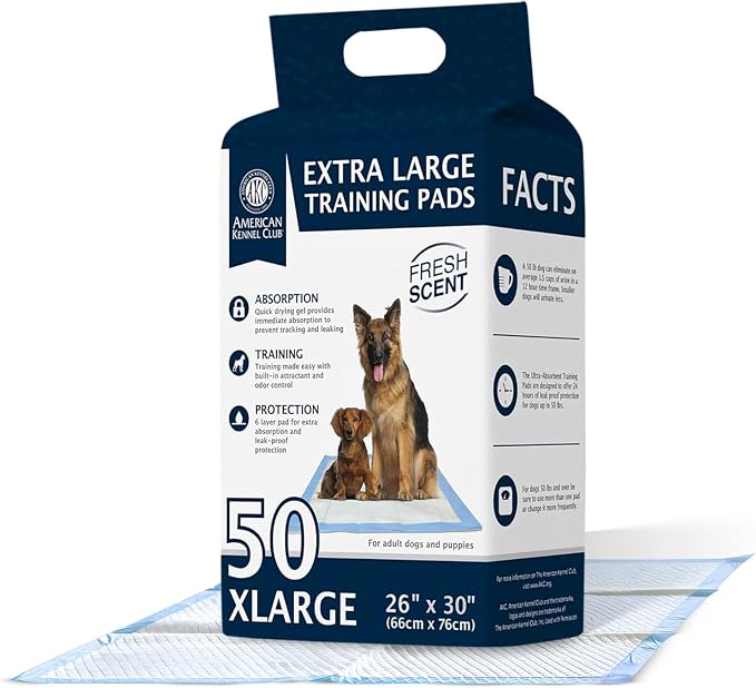 American Kennel Club Scented Puppy Pads –Large Size – 30x26 Ultra Absorbent 6-Layer Pee Pads with Odor Control & Quick-Dry Gel – Fresh Scent – 50 Count (Fresh Scented, 26x30)