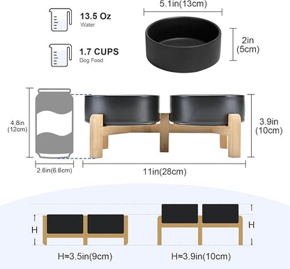 SPUNKYJUNKY Elevated Dog Bowls Ceramic, 5.1'' Dogs and Cat Food Water Bowls Raised with Non-Slip Bamboo Stand for Puppy Small Sized Breed Microwave Dishwasher Safe - 13.5 OZ,Black