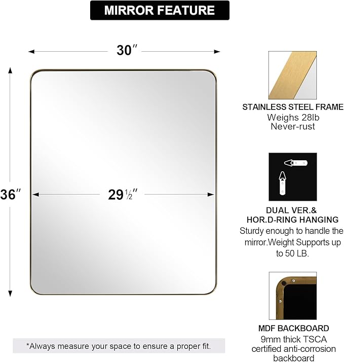 ANDY STAR Gold Bathroom Mirror, 30x36 Brushed Brass Rectangle Mirror