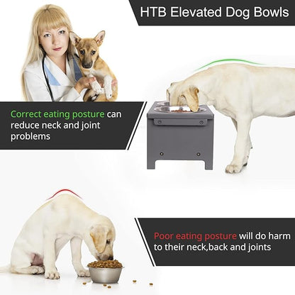 HTB Elevated Dog Bowl Stand with 2 Stainless Steel Bowls-7" H Medium Grey | Raised Dog Bowl Stand, 7"tall, 29 Oz Bowls, for Medium Sized Dogs, Pet-safe, Solid Bamboo