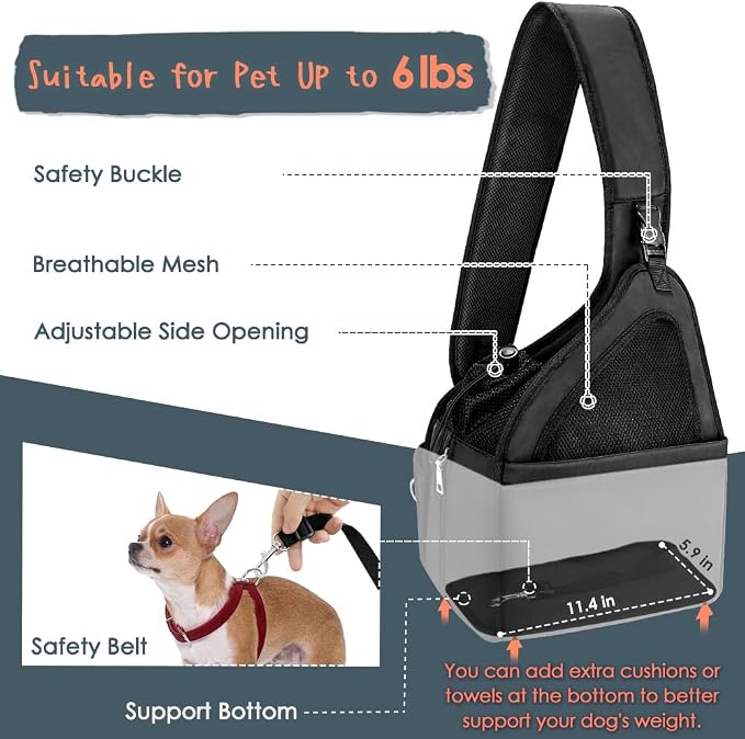 SlowTon Dog Sling Carrier, Hands Free Hard Bottom for Small Dogs up to 6 lb | Breathable Mesh Support, Adjustable Padded Strap, with Pocket Safety Belt, Machine Washable, for Small Animal Puppy, Black