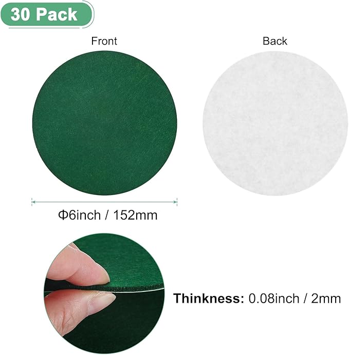 30-Pack Lamp Base Felt, 6 Inch Dia. 2mm Thick Self Adhesive Round Fabric Felt Pads for Lamp/Furniture/DIY, Non-Slip Fiber Backed Patch Circles with Adhesive Backing [Green]