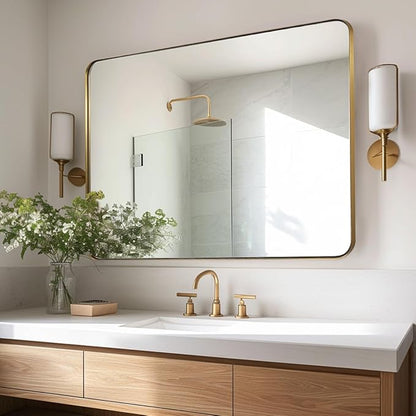 ANDY STAR Gold Bathroom Mirror for Wall, 20x28” Brushed Brass Metal Rounded