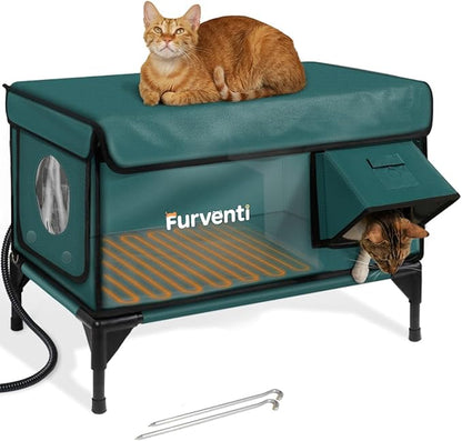 Outdoor Heated Cat House in Winter,Extremely Insulated & Weatherproof,Elevated Feral Cat Shelter with Waterproof Eaves & Escape Door for Outside Stray Barn Cat (Dark Green,M)