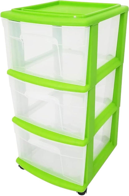 HOMZ Drawer Tower, 3-Tier Clear Plastic Storage Organizer Cart, Bold Lime Frame