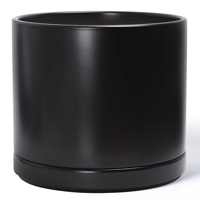D'vine Dev 14 Inch Ceramic Planter Pot with Drainage Hole and Saucer, Indoor Cylinder Round Planter Pot, Black, 94-O-G-2