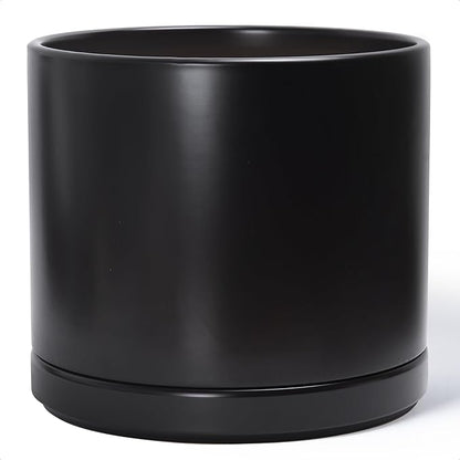 D'vine Dev 14 Inch Ceramic Planter Pot with Drainage Hole and Saucer, Indoor Cylinder Round Planter Pot, Black, 94-O-G-2