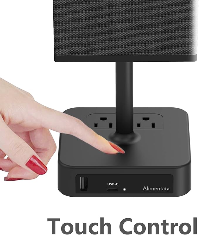 Bedside Table Lamp with Touch Control & USB C+A Charging Ports LED Desk Lamp with 2 AC Outlets, Minimalist Nightstand Light with Black Fabric Shade for Bedroom, Living Room, Office, Black