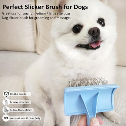 Slicker Brush for Poodles and Goldendoodles - Curved Brush for Thick, Fluffy, Shedding Fur on Dogs and Cats - Soft, Gentle Pins for Grooming (Blue)