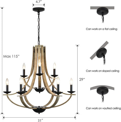 Farmhouse Chandeliers for Dining Room Light Fixture, 9-Light 31" Adjustable Height Retro Faux Wood Texture Rustic Light Fixtures for Living Room Bedroom Kitchen Island Foyer Entryway