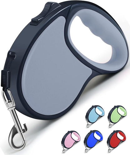 Retractable Dog Leash,[Strong Nylon Tape][One-Handed One Button Lock] for Small Medium Dogs and Cats,16ft Pet Walking Leash with 360°Tangle-Free Design,Anti-Slip Handle,Gift Package (Grey)