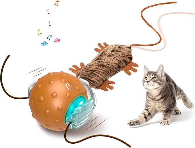 Cat Toys Interactive Self Rolling Cat Balls with Mouse Tails Automatic Moving Fast on Carpet, Rechargeable & Motion Activated