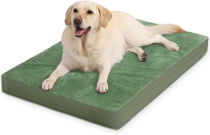 XXL Dog Bed Waterproof Washable Outdoor, Large Foam Crate Pad 48" Green | Jumbo Pet Bed, Reversible Wipeable Faux Leather & Soft Flannel, Durable Removable Cover, Anti-Slip Kennel Pad 47"x29"