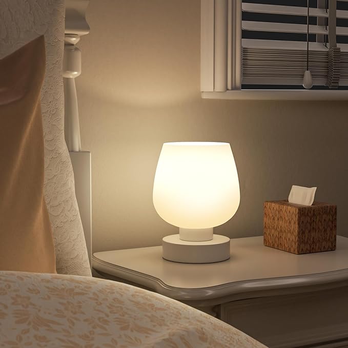 Touch Table Lamp for Nightstand - Small Bedside Lamp for Bedroom Living Room Night Stands, Desk Lamp with White Glass Shade for Small Spaces, 3 Way Dimmable, LED Bulbs, Gifts