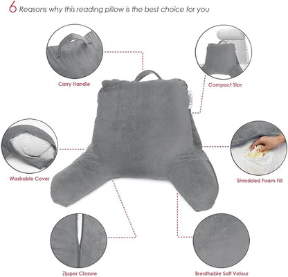 Nestl Reading Pillow for Kids & Teens with Shredded Memory Foam, Backrest Pillows for Reading, Watching, and Gaming, Use on The Couch, Bed, or Floor, Adjustable Support with Washable Cover Grey
