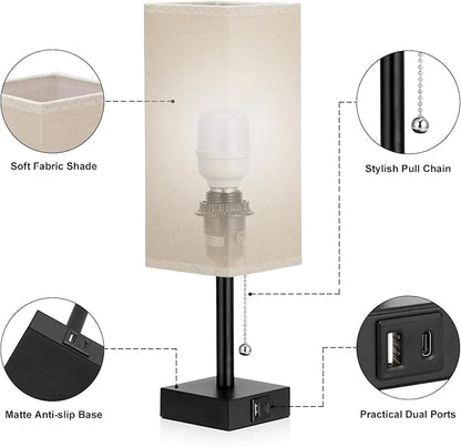 Beige Bedside Table Lamps Set of 2 - Square Bedroom Lamps with 3 Color Temperatures (3000K/5000K/4000K), Nightstand Lamps with USB C + A Charging Ports, Pull Chain Small Night Light for End Table