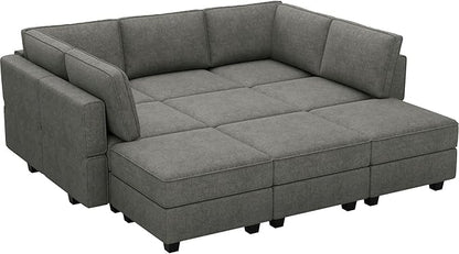 Belffin Modular Sectional Sleeper Sofa Couch with Storage Ottoman Convertible Sectional Couches for Living Room Terry Reversible Chaise. Light Grey Sofa