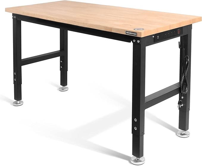 WORKPRO 48" Adjustable Workbench, Rubber Wood Top Heavy-Duty Workstation