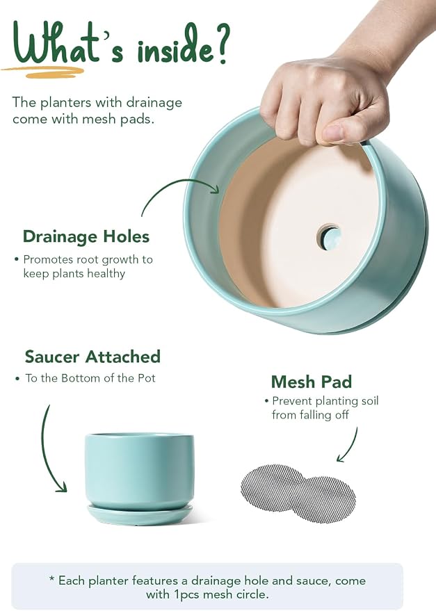 LE TAUCI Ceramic Plant Pots, 4.3+5.3+6.8 inch, Set of 3, Planters with Drainage Hole and Saucer, Indoor Flower Pot with Hole Mesh Pad, Gifts for Mom, Aqua