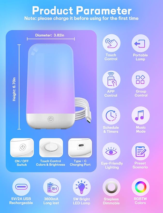 Smart Touch Bedside Table Lamp [Multi-Color & Warm Lights], 3600mA Cordless Small Table Lamp Rechargeable, 7 Colors & Fully Dimmable LED Night Lights for Bedroom Nightstand Nursery Living Room