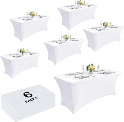 Craft And Party 6 Pack 6ft White Spandex Tablecloth – Fitted Stretch Cover – Universal Fit for Folding Tables – Wrinkle-Free, Washable – Ideal for Parties, Weddings, Events