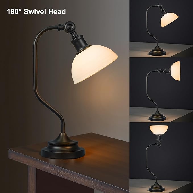 Cordless Vintage Bankers Table lamp, 5200-mAh Rechargeable Battery, 3-Level Brightness, Build-in Integrated LED 320 Lumen Max, Half-Globe Glass Shade, for Bedside Desk Nightstand Light