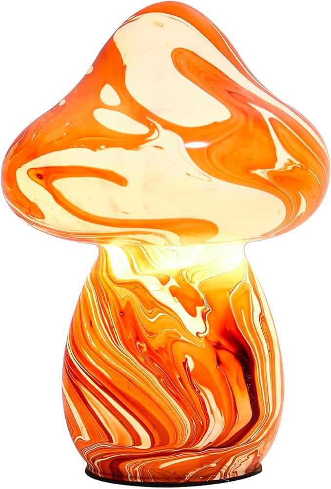 Glass Mushroom Table Lamps Night Lights Cordless Cute Small Nightstand Desk Lamp for Bedroom Living Home Decor Red (E27 Bulb Included)