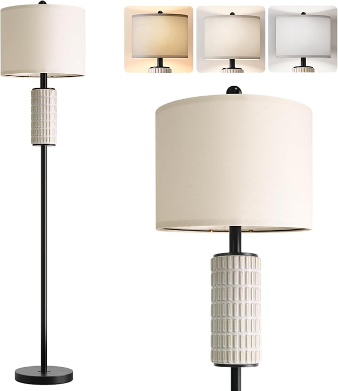 PoKat Ceramic Floor Lamp with Remote, 64" Modern Floor Lamps for Living Room with Stepless Dimmable Colors Temperature, Tall Standing Lamp for Living Room Bedroom Office, 9W Bulb Included, Black