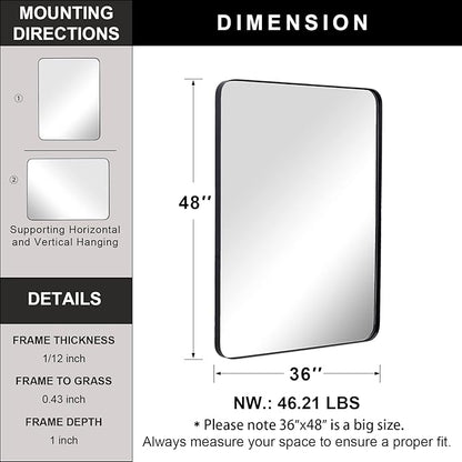 ANDY STAR 36”x48” Black Bathroom Mirror, Wall Mirror